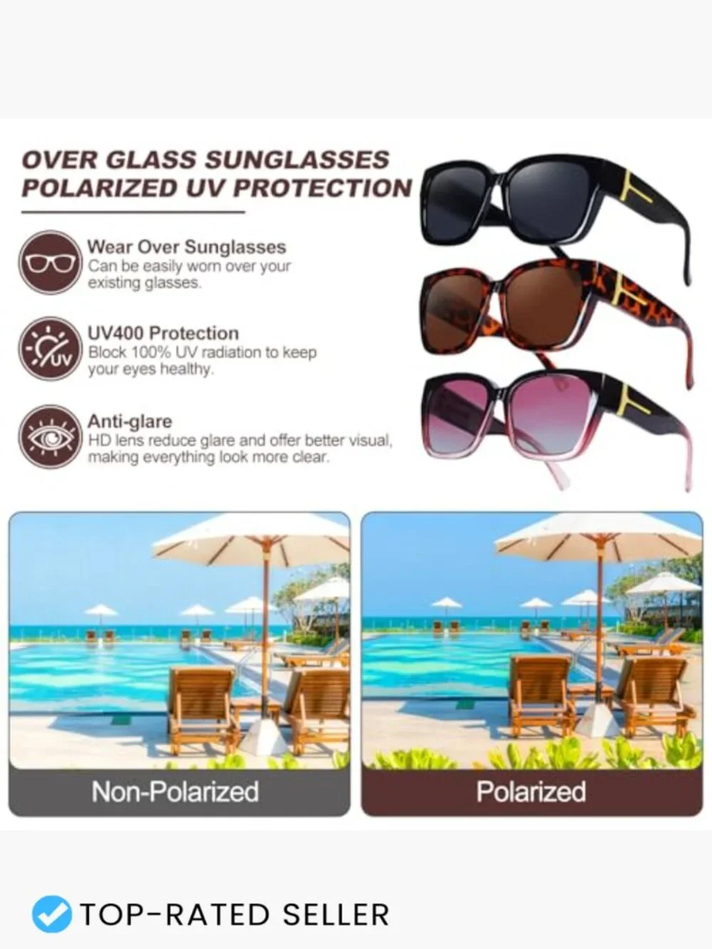 3 Pack Polarized Fit Over Sunglasses Unisex UV400 Protection Oversized Square